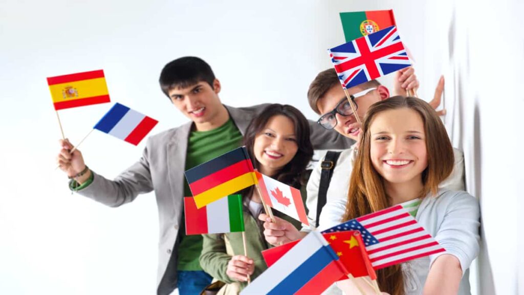 Language students holding flags