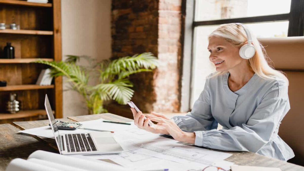white woman with head-set
